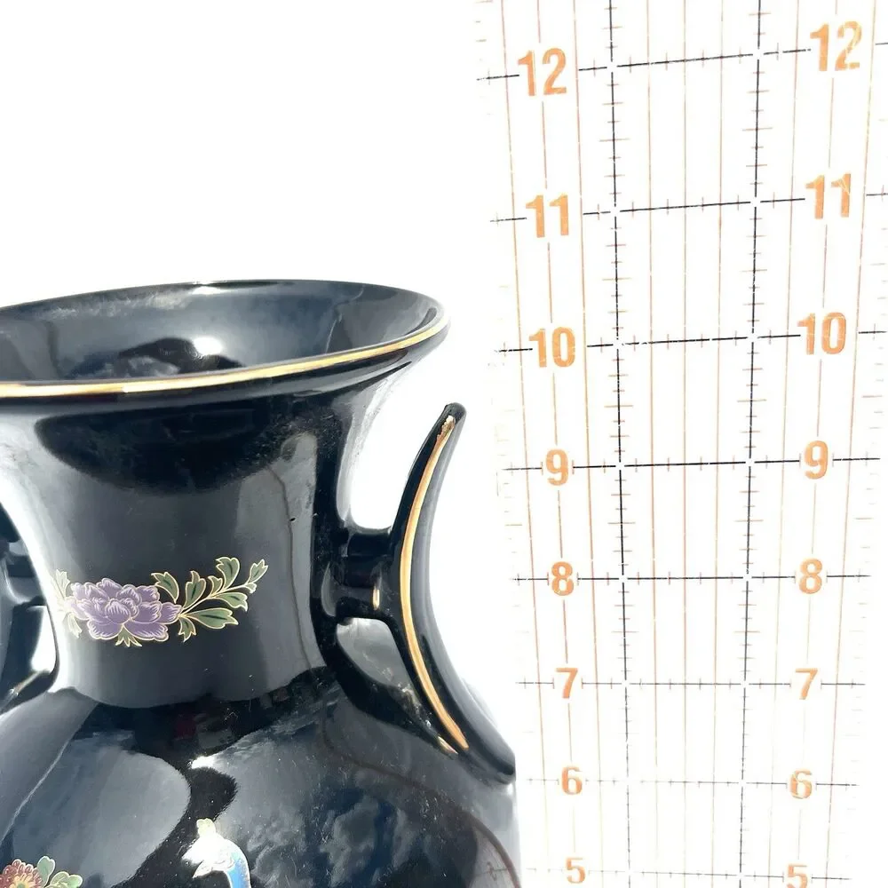Japanese Double Handled Black Vase/Urn w/ Peacock/Cherry Blossoms 10.5
